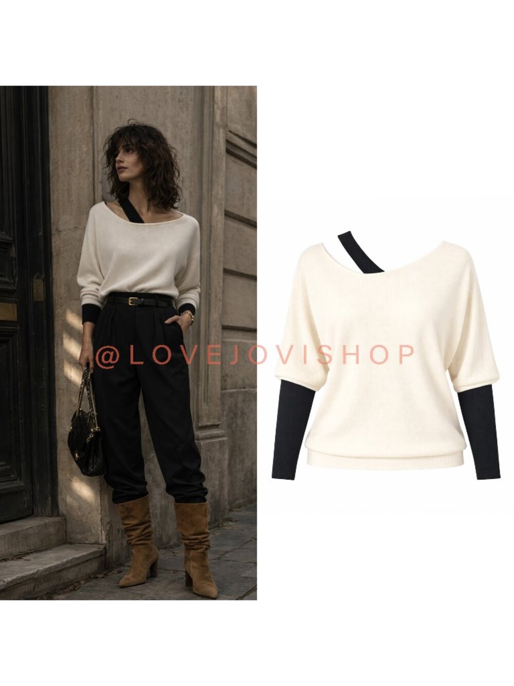Minimalist | Statement Boutique Label Cream and Black Layered Effect Sweater XL